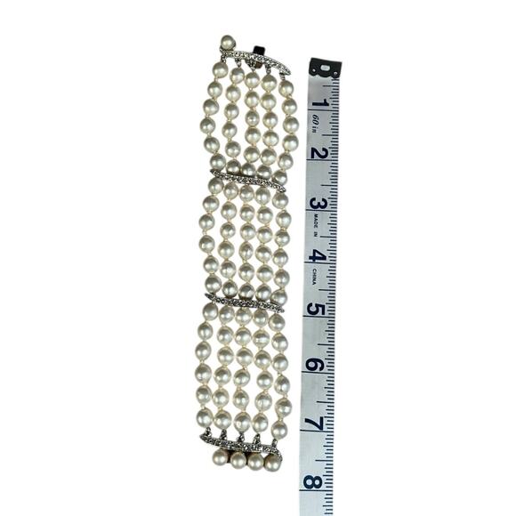 Elegant Multi-Strand Pearl & Rhinestone Bracelet Statement Cuff Old Money Ivory - Picture 5 of 9